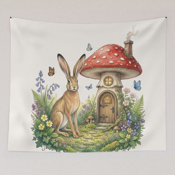 Item preview, Hare Mushroom House Watercolor Cottagecore Art designed and sold by CalmCapy Co.