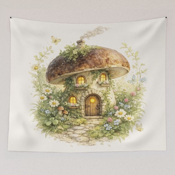 Item preview, Porcini Mushroom Fairy Cottage Watercolor Art designed and sold by CalmCapy Co.