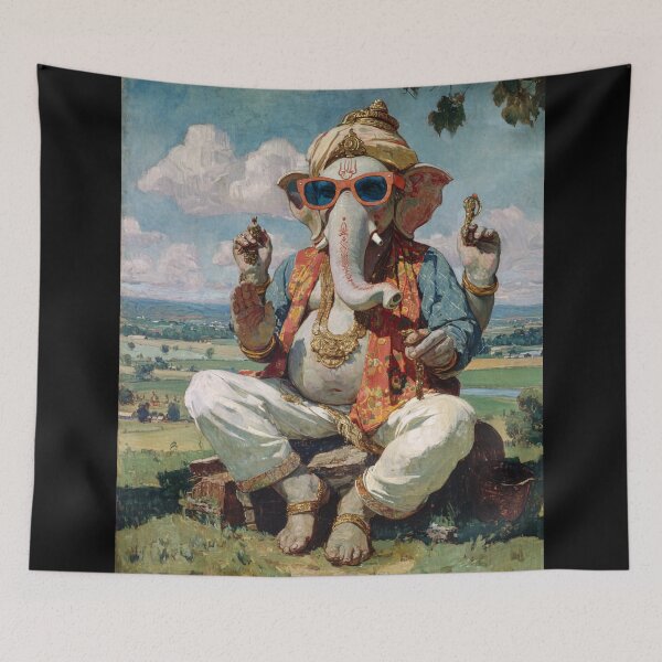 Item preview, Ganesha Serene Countryside Vision Vintage Woodcut Pop Art designed and sold by PANNARUK THAILAND.