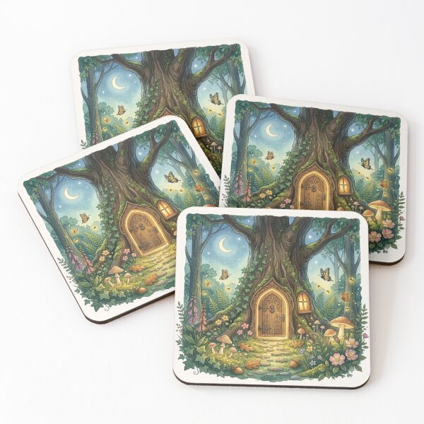 Item preview, Fairy Door Tree Night Cottagecore Watercolor designed and sold by CalmCapy Co.