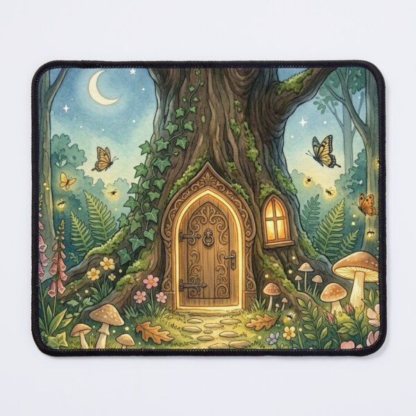 Item preview, Fairy Door Tree Night Cottagecore Watercolor designed and sold by CalmCapy Co.