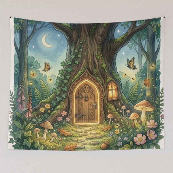 Item preview, Fairy Door Tree Night Cottagecore Watercolor designed and sold by CalmCapy Co.