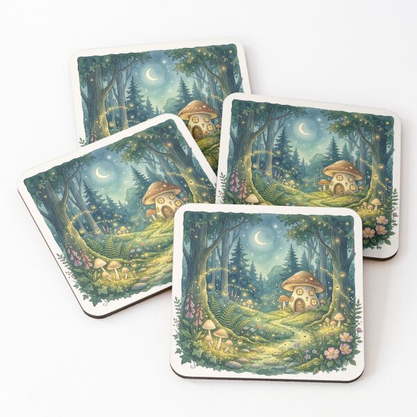 Item preview, Forest Path Mushroom Cottage Night Watercolor designed and sold by CalmCapy Co.