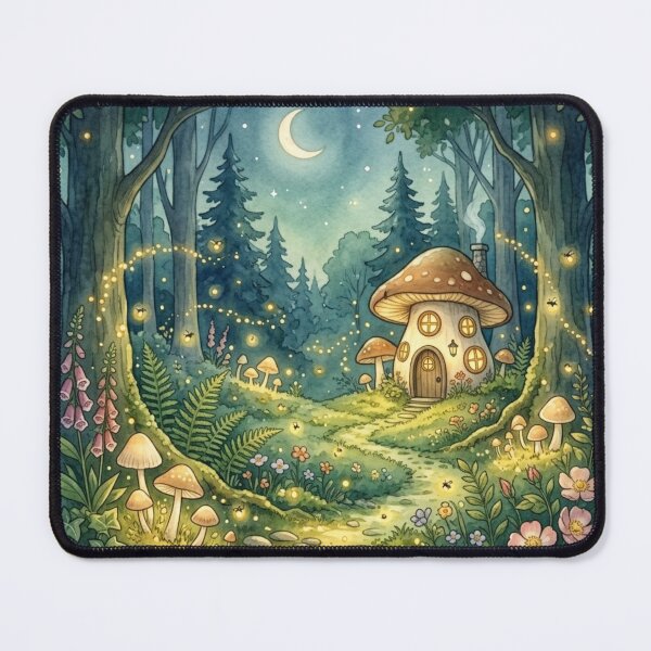 Item preview, Forest Path Mushroom Cottage Night Watercolor designed and sold by CalmCapy Co.