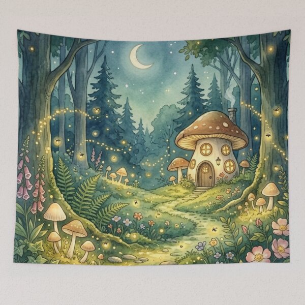 Item preview, Forest Path Mushroom Cottage Night Watercolor designed and sold by CalmCapy Co.