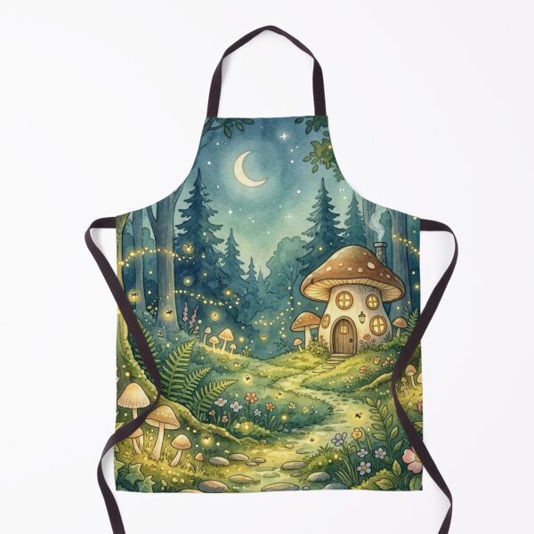 Item preview, Forest Path Mushroom Cottage Night Watercolor designed and sold by CalmCapy Co.