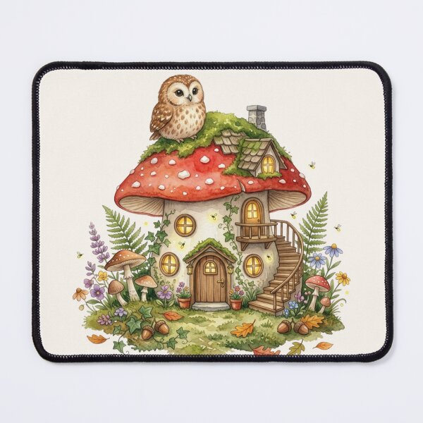 Item preview, Owl Mushroom House Watercolor Cottagecore Art designed and sold by CalmCapy Co.