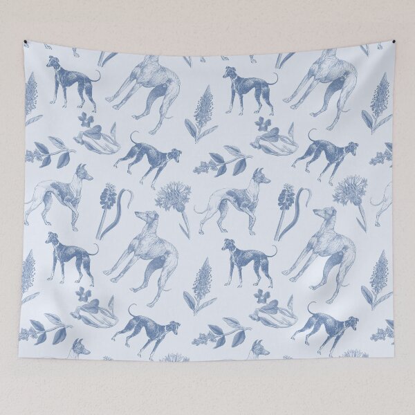Item preview, Greyhound Dogs and Wildflowers Cottagecore Blue Monochromatic Pattern designed and sold by CanisArt.