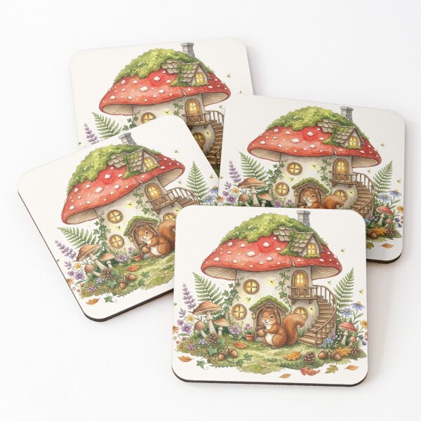 Item preview, Squirrel Mushroom House Watercolor Cottagecore designed and sold by CalmCapy Co.