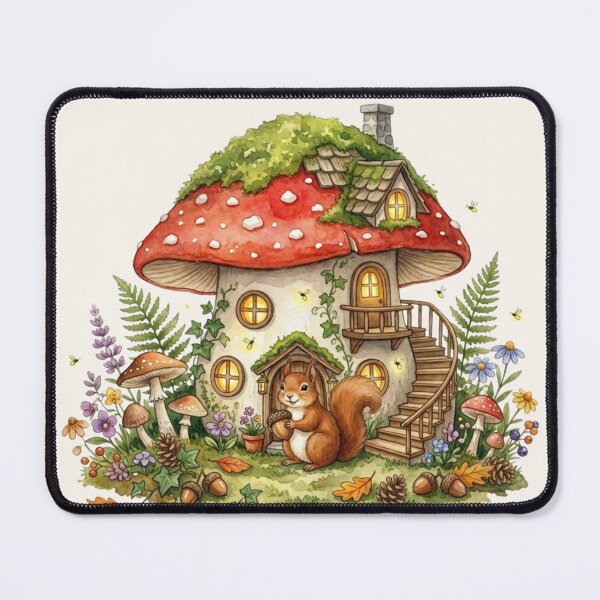 Item preview, Squirrel Mushroom House Watercolor Cottagecore designed and sold by CalmCapy Co.