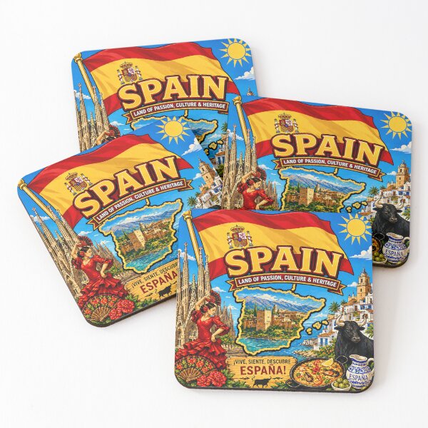 Item preview, Spain Flag with Coastal and Cultural Icons designed and sold by Myra365Art.