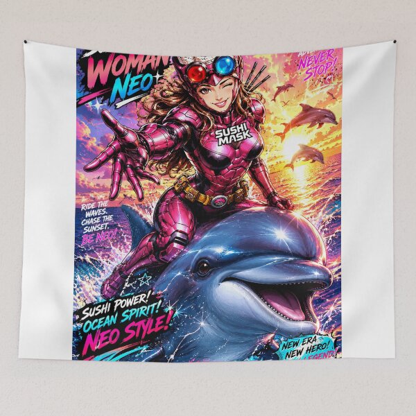 Item preview, Sushi Mask Woman Neo – Summer Dolphin Ride | Japanese Anime Superhero Beach Sunset designed and sold by Japan Cyberpunk Universe & Surreal Characters.