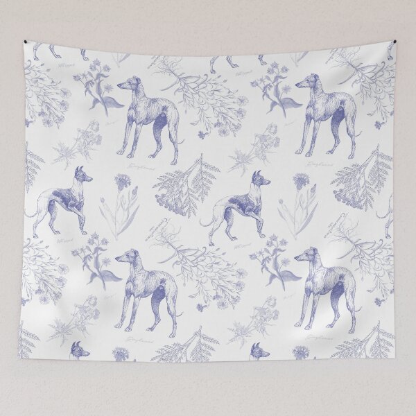 Item preview, Greyhound Dog and Wildflowers Cottagecore Pattern - Indigo Blue and White designed and sold by CanisArt.