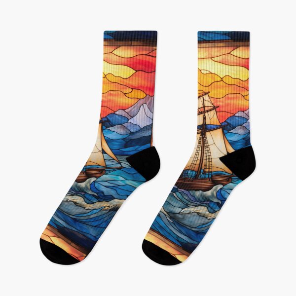 Item preview, Stained Glass Tall Ship Sunset Ocean Seascape designed and sold by pinkal.