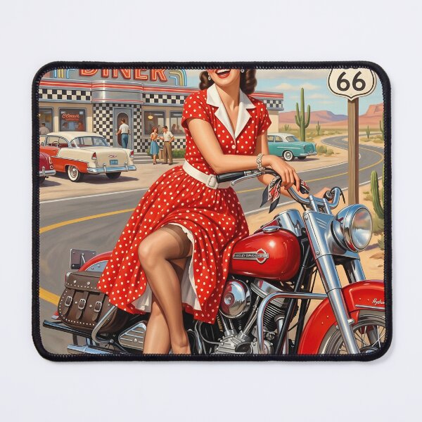 Item preview, Retro Route 66 Pin Up Girl Diner Motorcycle Poster designed and sold by Vincent-68.