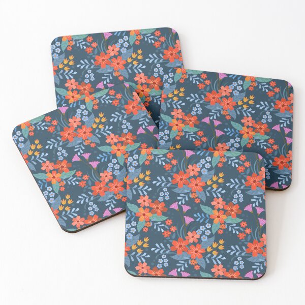Item preview, Vintage Dark Teal Folk Floral Pattern - Vibrant Orange and Pink Botanical Art designed and sold by abdallatigle.