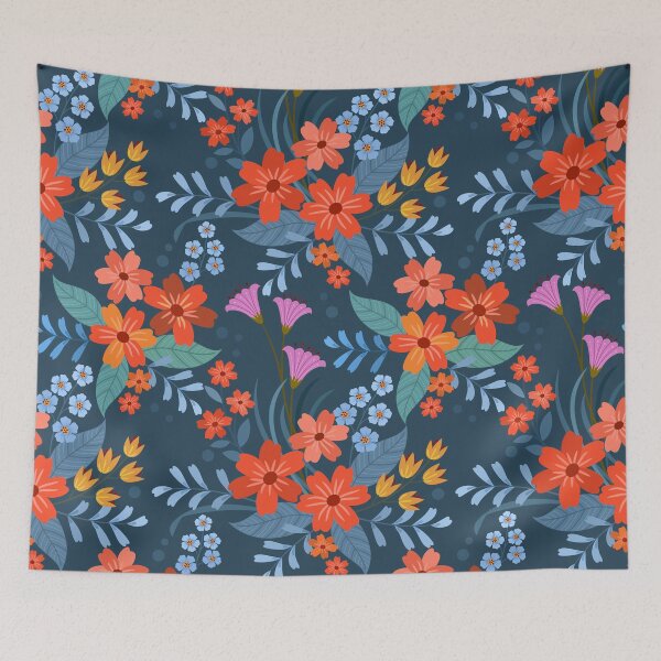 Item preview, Vintage Dark Teal Folk Floral Pattern - Vibrant Orange and Pink Botanical Art designed and sold by abdallatigle.