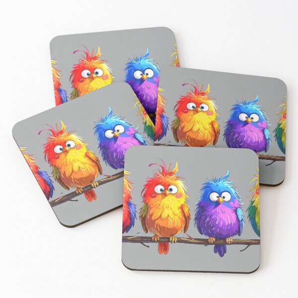 Item preview, Colorful Fluffy Cartoon Birds on a Branch designed and sold by ToxicInkArt.