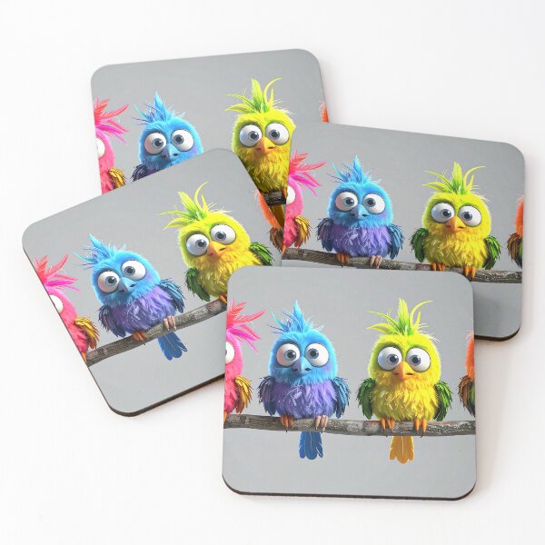 Item preview, Colorful Fluffy Cartoon Birds on a Branch designed and sold by ToxicInkArt.
