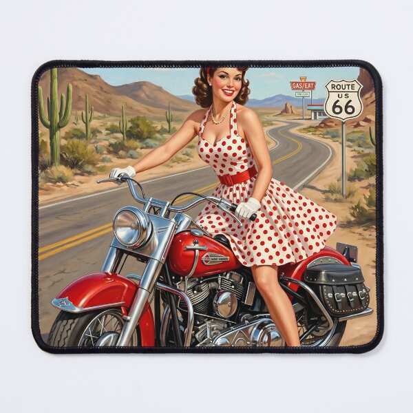 Item preview, Retro 1950s Pin-Up Girl on Motorcycle Route 66 designed and sold by Vincent-68.