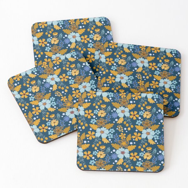 Item preview, Vintage Navy and Mustard Floral Pattern - Deep Blue Folk Botanical Art designed and sold by abdallatigle.