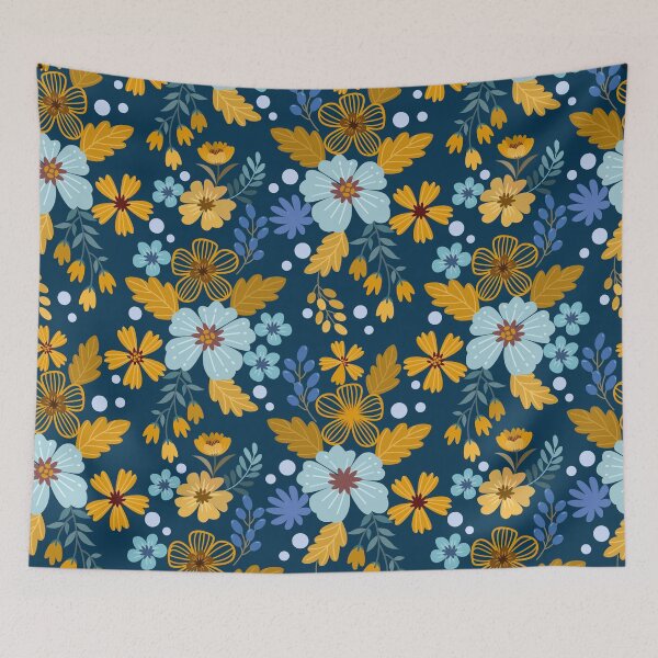 Item preview, Vintage Navy and Mustard Floral Pattern - Deep Blue Folk Botanical Art designed and sold by abdallatigle.
