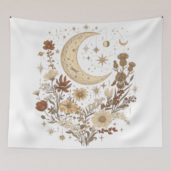 Item preview, Vintage Celestial Moon Wildflowers Boho Cottagecore Floral Art designed and sold by rediscoveredapp.