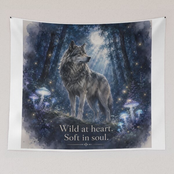 Item preview, Wild at Heart Soft in Soul — Mystical Wolf Moon Forest Watercolor Art Print designed and sold by AbderraimArt.