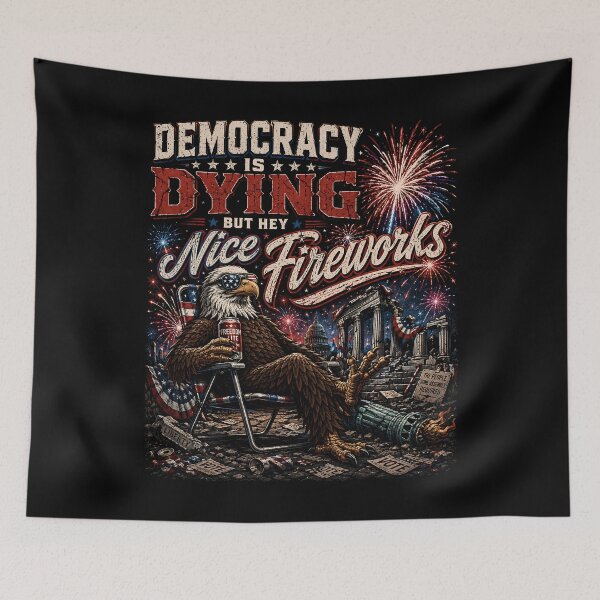 Item preview, Democracy Is Dying Fourth of July Protest Shirt, Political Retro T-Shirt, But Hey Nice Fireworks Tee, Funny USA Graphic Tee, Sarcastic  designed and sold by THREE LITTLE BEANS.
