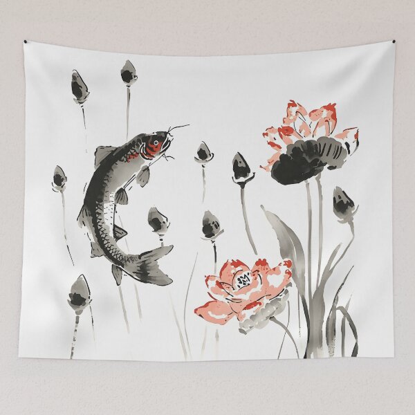 Item preview, Vintage Chinese Ink Koi Fish Painting designed and sold by Luna-Flow.