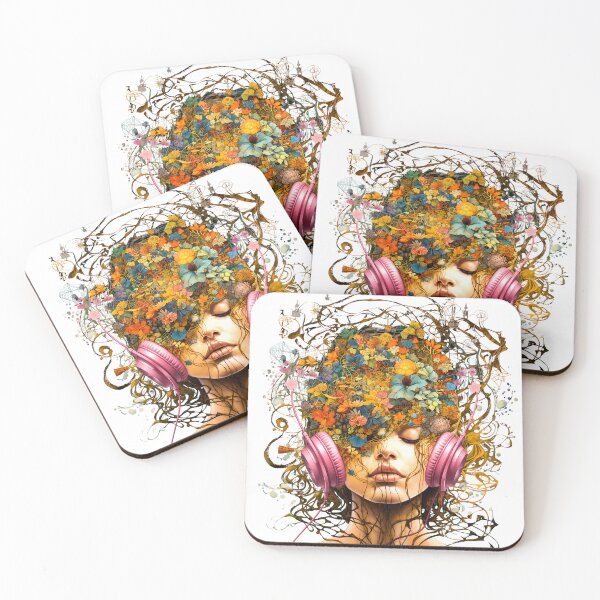 Item preview, ​Aesthetic Girl with Headphones - Floral Hair Surreal Music Art designed and sold by Minimal Aura.