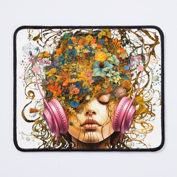 Item preview, ​Aesthetic Girl with Headphones - Floral Hair Surreal Music Art designed and sold by Minimal Aura.