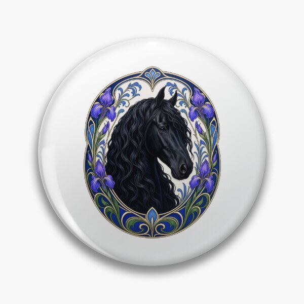Item preview, Black Friesian Horse Art Nouveau Iris Floral designed and sold by AntiqueImages.