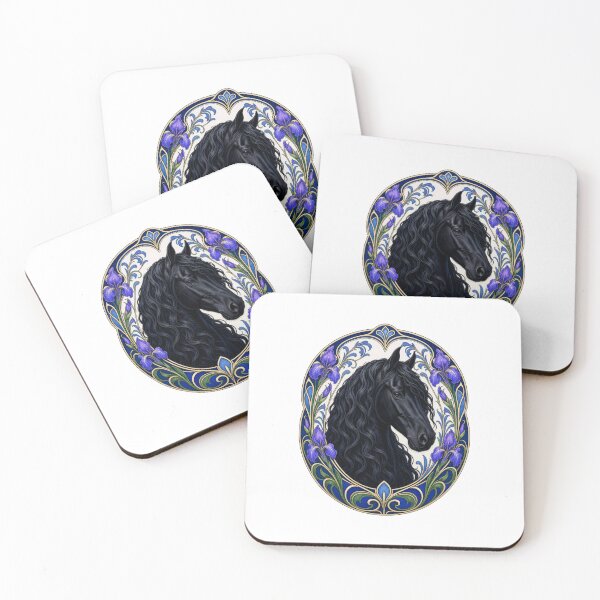 Item preview, Black Friesian Horse Art Nouveau Iris Floral designed and sold by AntiqueImages.