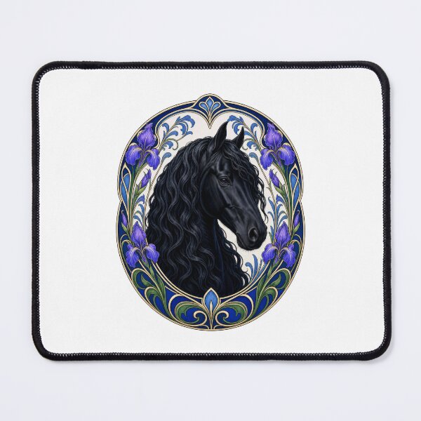 Item preview, Black Friesian Horse Art Nouveau Iris Floral designed and sold by AntiqueImages.