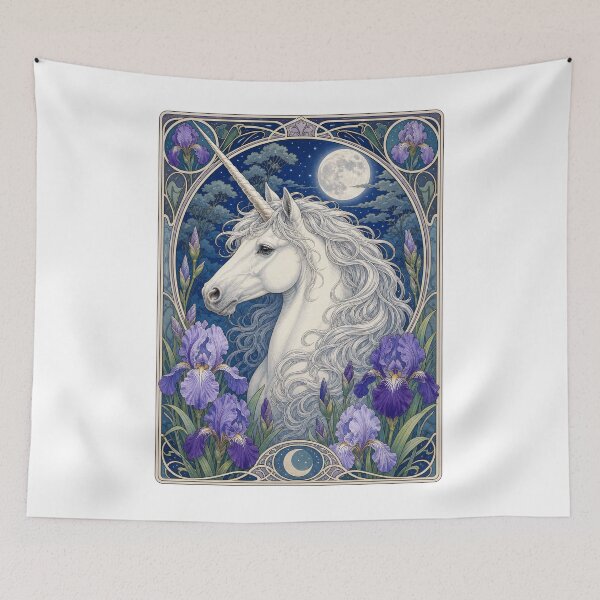 Item preview, White Unicorn Art Nouveau Full Moon Design designed and sold by AntiqueImages.