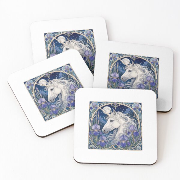 Item preview, White Unicorn Moon Iris Fantasy Art Nouveau designed and sold by AntiqueImages.