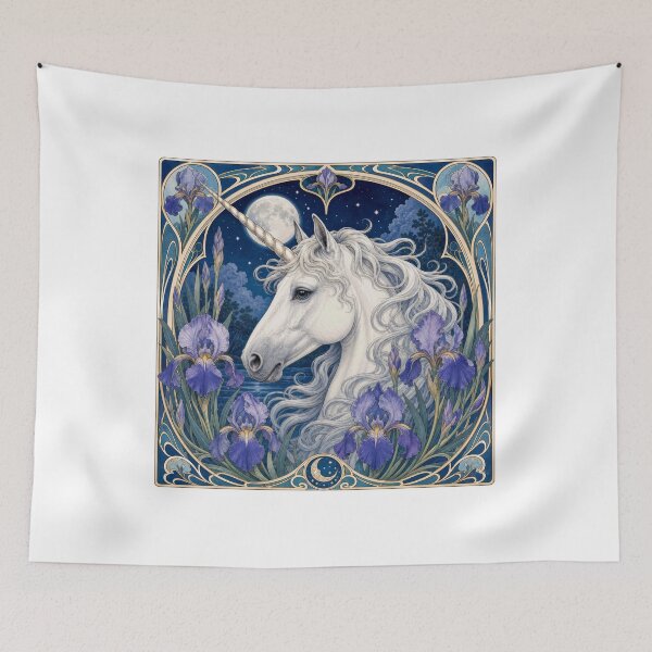 Item preview, White Unicorn Moon Iris Fantasy Art Nouveau designed and sold by AntiqueImages.