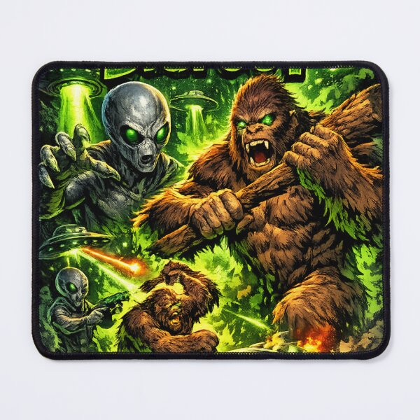 Item preview, Aliens vs Bigfoot Retro Horror Sci-Fi Comic Cover designed and sold by redsharkuk.