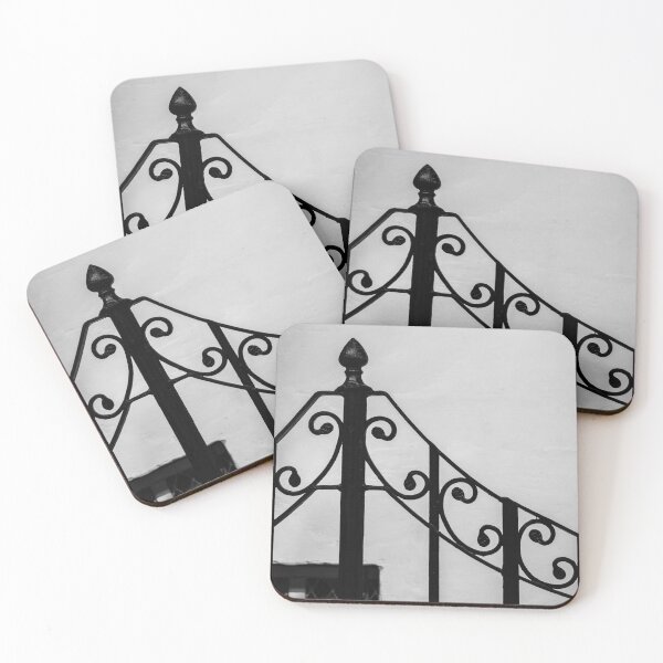 Item preview, Black Wrought-Iron Gate With Scrollwork Against White Plastered Wall Minimal Architectural Detail designed and sold by Nmallia.
