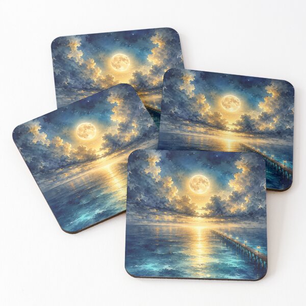 Item preview, Moonlit Ocean Pier Dreamy Seascape Watercolor Night Art designed and sold by PixelParinda.
