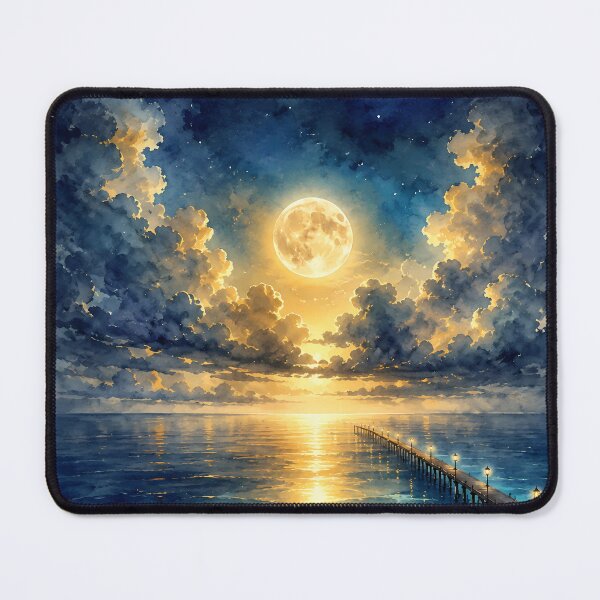 Item preview, Moonlit Ocean Pier Dreamy Seascape Watercolor Night Art designed and sold by PixelParinda.