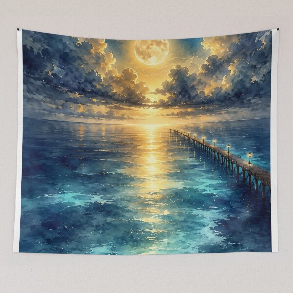 Item preview, Moonlit Ocean Pier Dreamy Seascape Watercolor Night Art designed and sold by PixelParinda.