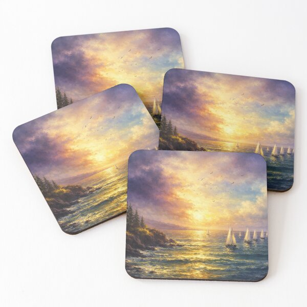 Item preview, Sunset Sailboats and Golden Coastal Shoreline Seascape Art Print designed and sold by Joey Santiago.