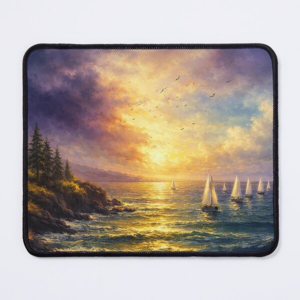 Item preview, Sunset Sailboats and Golden Coastal Shoreline Seascape Art Print designed and sold by Joey Santiago.