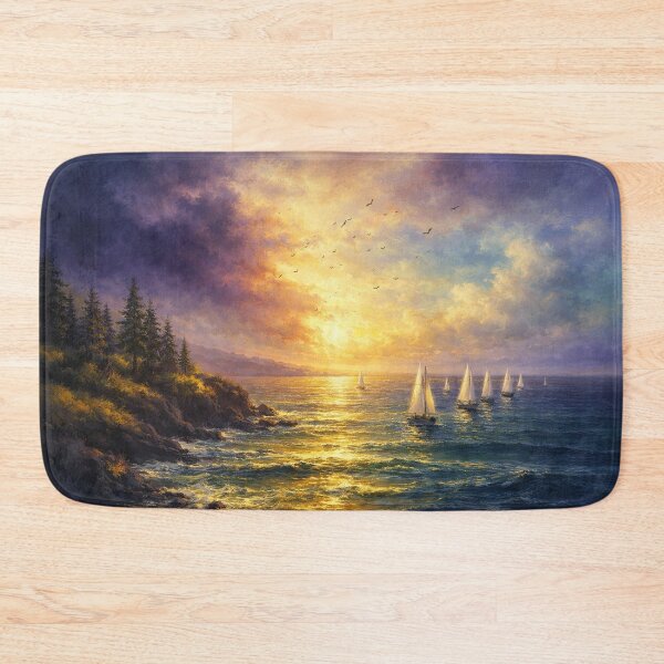 Item preview, Sunset Sailboats and Golden Coastal Shoreline Seascape Art Print designed and sold by Joey Santiago.
