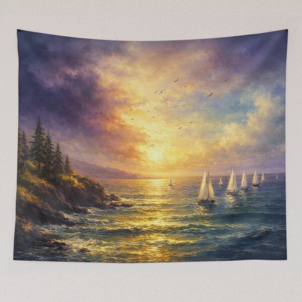 Item preview, Sunset Sailboats and Golden Coastal Shoreline Seascape Art Print designed and sold by Joey Santiago.