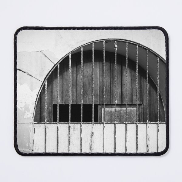 Item preview, Aged Arched Gate With Vertical Bars And Weathered Wall In Black And White designed and sold by Nmallia.