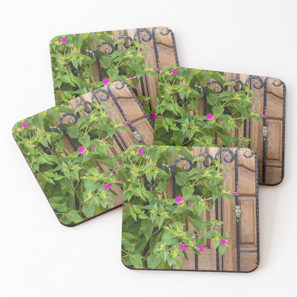 Item preview, Pink Garden Flowers Climbing Wrought Iron Gate Beside Rustic Wooden Door Entrance designed and sold by Nmallia.