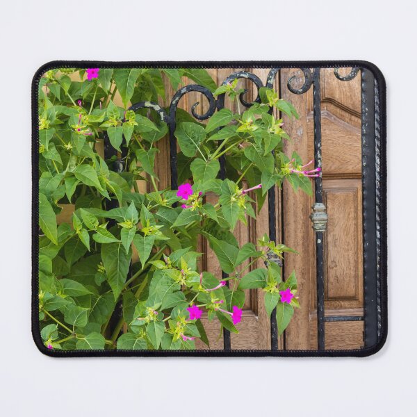 Item preview, Pink Garden Flowers Climbing Wrought Iron Gate Beside Rustic Wooden Door Entrance designed and sold by Nmallia.